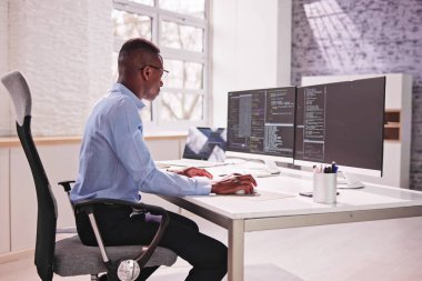 Afrikalı Amerikalı Erkek Programcı. Bilgisayarda Kız Kodlaması