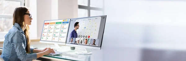 Treinamento Videoconferência Virtual Line Computador Portátil — Fotografia de Stock