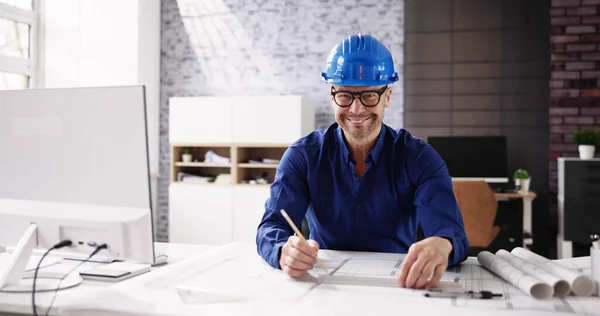 Architect Engineer Drawing Architectural Construction Plan Office — Stock Photo, Image