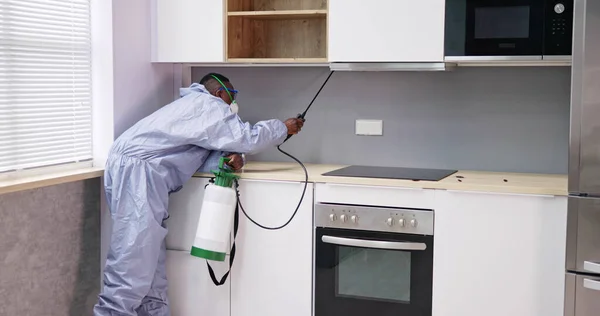 Homme Montrant Insecticide Pulvérisation Travailleur Lutte Antiparasitaire Sur Étagère Cuisine — Photo