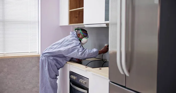 Bărbat Care Arată Lucrătorul Control Dăunătorilor Pulverizează Insecticidul Raftul Bucătăriei — Fotografie, imagine de stoc