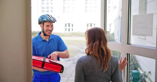 Pizza Delivery Man Giving Pizza Boxes Smiling Young Woman — Stock Photo, Image