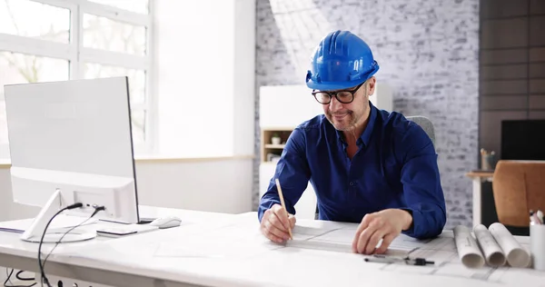 Architect Engineer Drawing Architectural Construction Plan Office — Stock Photo, Image
