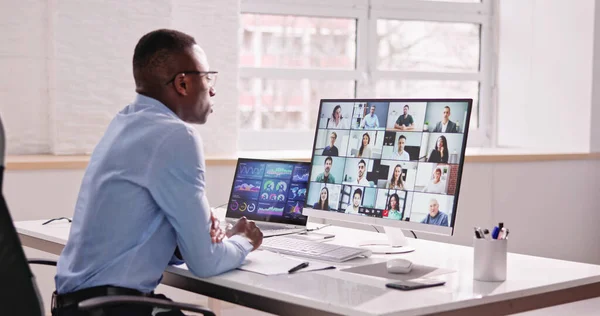 Online Videoconferentie Webinar Man Werkt Vanuit Huis — Stockfoto