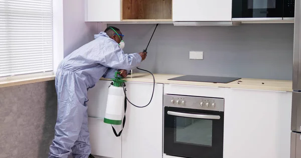 男子在病虫害防治中的表现工人在家庭厨房架子上喷洒杀虫剂 — 图库照片