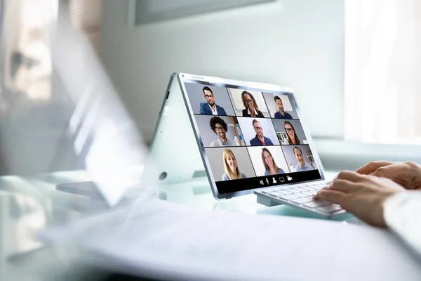 Black Woman Virtual Conference Call Hybrid Business Laptop — Stock Photo, Image