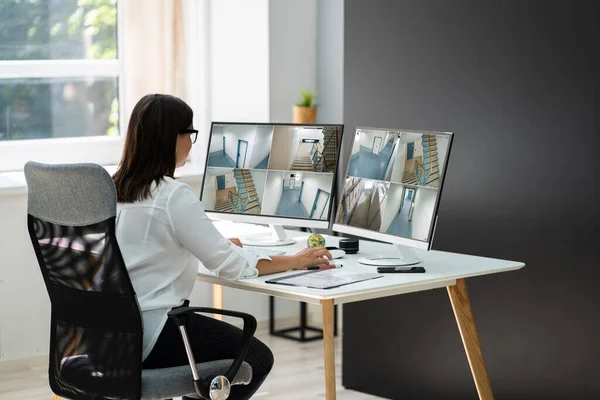 Mujer Negocios Viendo Imágenes Cctv Del Interior Oficina Computadora Lugar — Foto de Stock