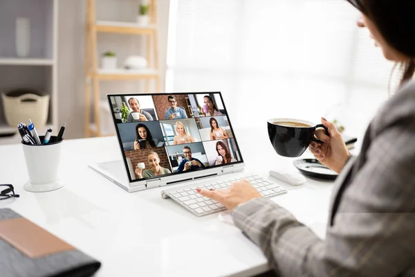 Virtual Video Conference Call Coffee Drinking Break — Stock Photo, Image