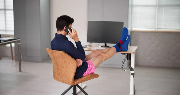 Dressed Fun Shorts Office Desk Phone Call — Stock Photo, Image
