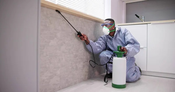 Muž Pest Control Worker Postřikem Pesticid Kuchyni — Stock fotografie