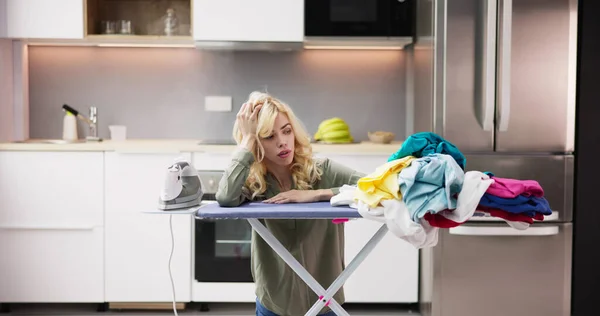 Young Woman Exhausted While Ironing Clothes Home — Stock Photo, Image