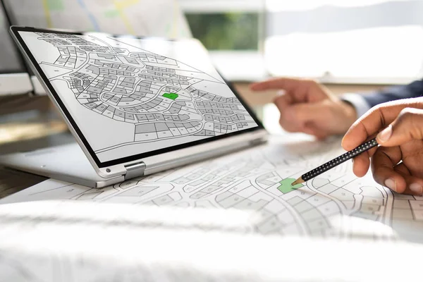 Cadastre Map City Building Survey Laptop — Stock Photo, Image