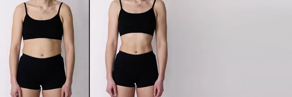 Woman Fat Slim Concept Standing Grey Background —  Fotos de Stock