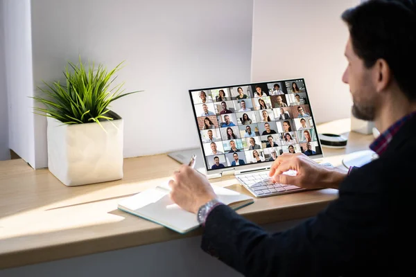 Webinar Videoconferência Online Homem Trabalhando Casa — Fotografia de Stock