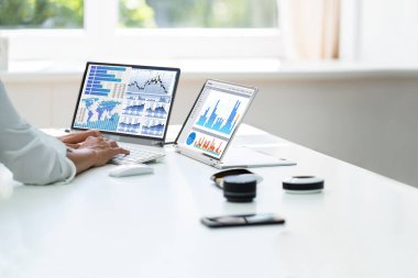 Analist Çalışan Dizüstü bilgisayardaki Hesap Çizelgesi Raporu ile çalışıyor