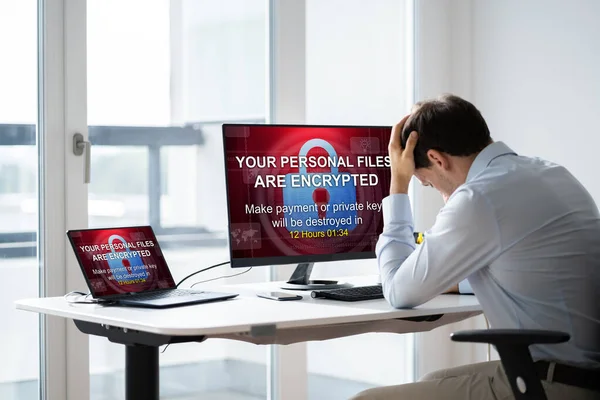 Ransomware Malware Attack Business Computer Hacked Files Encrypted — Stock Photo, Image