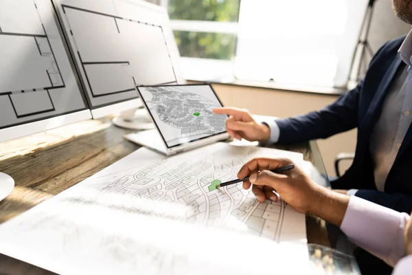 Cadastre Map Och City Building Survey Laptop — Stockfoto