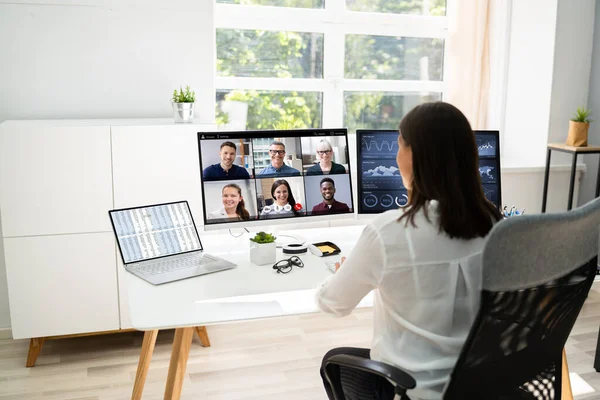 Watching Video Conference Business Webinar Computer — Stock Photo, Image