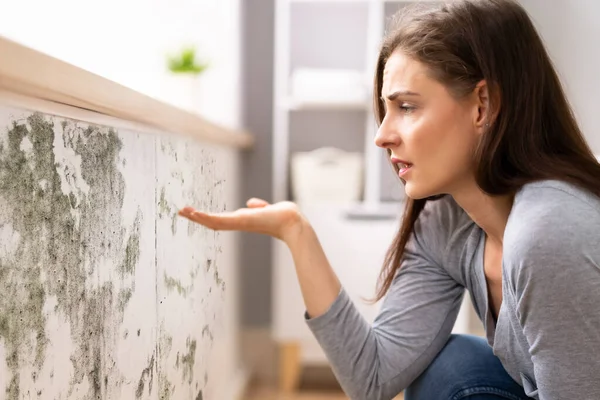 Side View Of A Shocked Young  Woman Looking At Mold On Wall