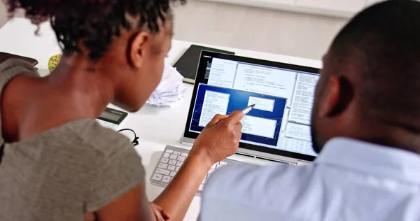African American Coder Using Computer Desk Web Developer — Stock Photo, Image