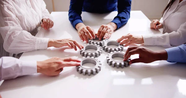 Diverse People Hands Holding Gear Wheels Business Partnership — Stock Photo, Image