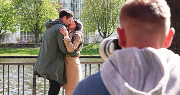 Man Paparazzi Photographer Capturing Photo Suspiciously Couple Walking Together — 스톡 사진