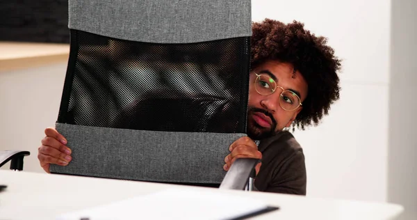 Scared Man Hiding Office Desk Room — Stock Photo, Image
