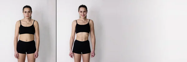Woman Fat Slim Concept Standing Grey Background — Φωτογραφία Αρχείου