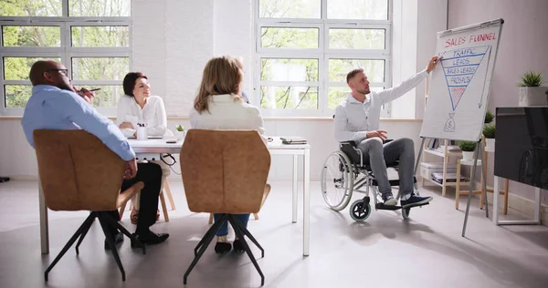 Wheelchair And Disability At Office. Giving Presentation At Work