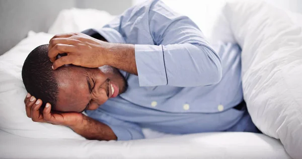 Sick African American Man Headache Bed — Stock Photo, Image