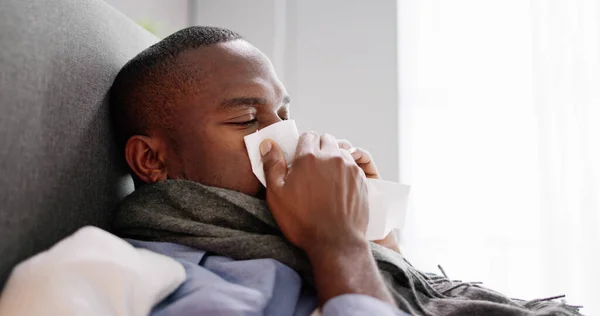Young Man Infected Cold Blowing His Nose Handkerchief — Stock Photo, Image