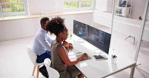 African American Programmer Woman Coding Computer — Stock Photo, Image