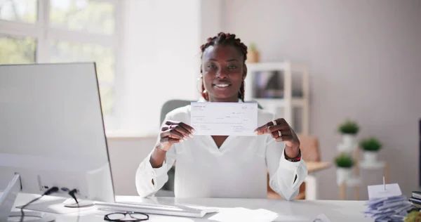 Holding Paycheck Payroll Check Insurance Cheque Hand — Stock Photo, Image