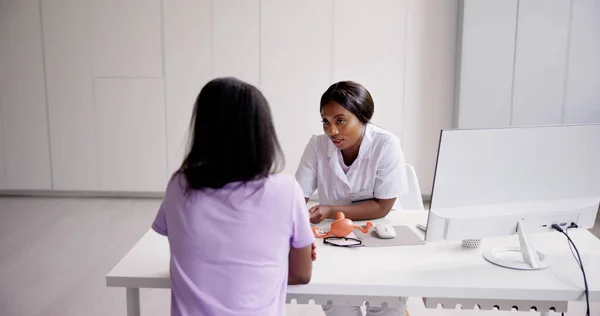 Vrouwelijke Arts Legt Echo Scan Aan Vrouw Het Ziekenhuis — Stockfoto