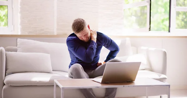 Man Working Laptop Computer Neck Injury Pain Inflammation — Stock Photo, Image