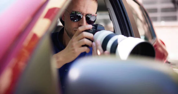 Prywatny Szpieg Samochodzie Robi Zdjęcia Detektywie — Zdjęcie stockowe