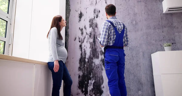 Dommages Aux Moisissures Sur Mur Maison Femme Regardant Humidité Humide — Photo