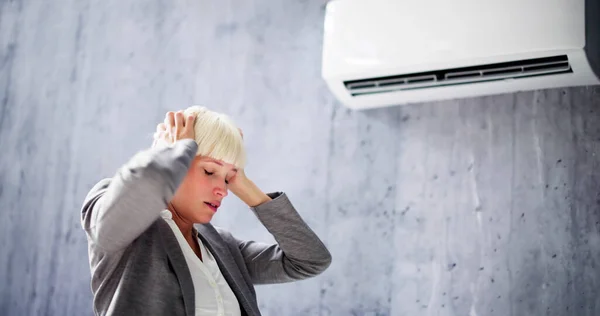 Sick Woman Having Cold Sore Throat Air Conditioner — Stock Photo, Image
