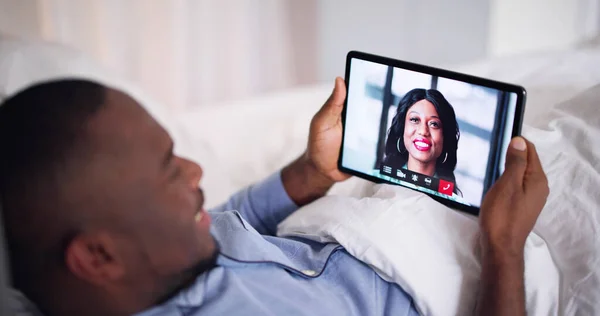 Man Video Chatting Talking Tablet — Stock Photo, Image
