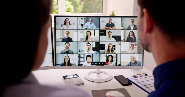 Reunião Videoconferência Line Tablet Escritório — Fotografia de Stock