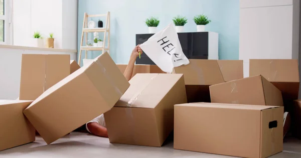 Funny Moving Accidents Falling Cardboard Boxes Home — Stock Photo, Image