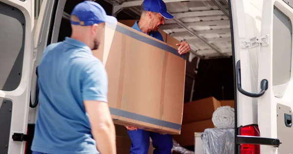 Male Movers Uniform Loading Delivery Truck — Stock Photo, Image