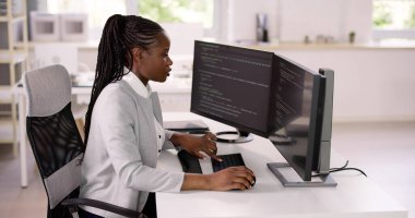 Afrika kökenli Amerikalı programcı masadaki bilgisayarı kullanıyor. Web Geliştirici Kadın