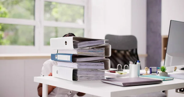 African American Overworked Business Woman Stack Pile Folders — Stock Photo, Image