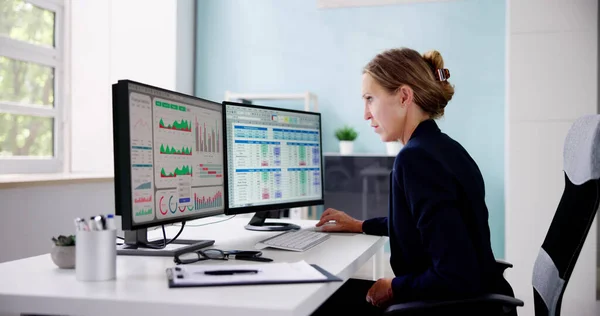 Financial Analyst Working Kpi Data Computer Screen — Stock Photo, Image