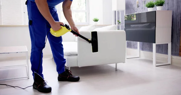 Sofa Steam Cleaner Service Professional Worker Cleanup — Stock Photo, Image