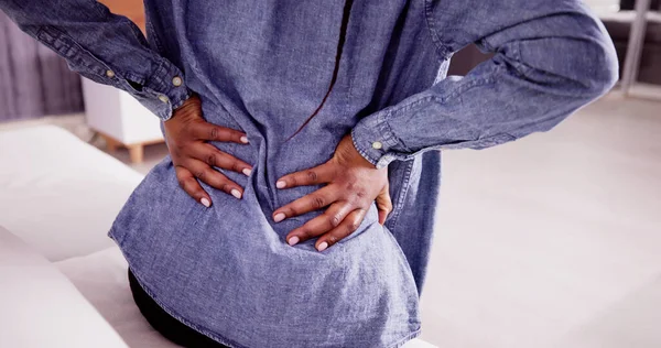 Woman Having Back Pain Backache Living Room — Stock Photo, Image