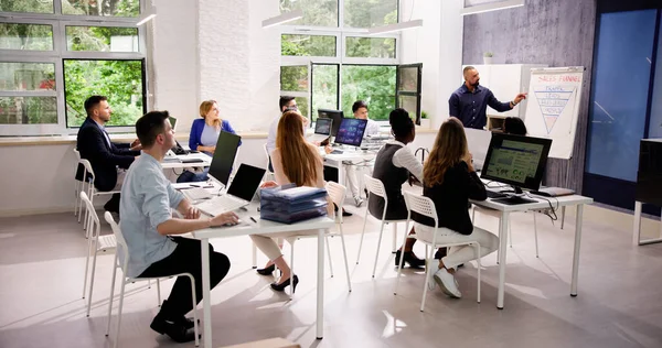 Corporate Training Presentation In Classroom With Computers