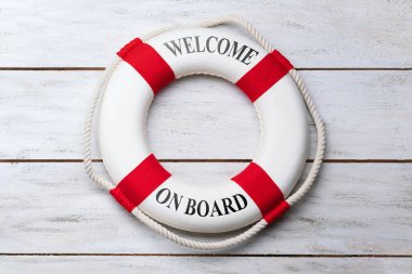 Lifebuoy hoş geldin metin ile yükseltilmiş görünümünü ahşap tahta üzerinde