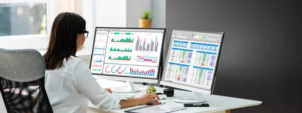 Computer Spreadsheet Data Analyst Woman Using Multiple Screens Stock Image